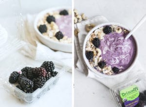 collage of blackberry cheesecake smoothie bowls
