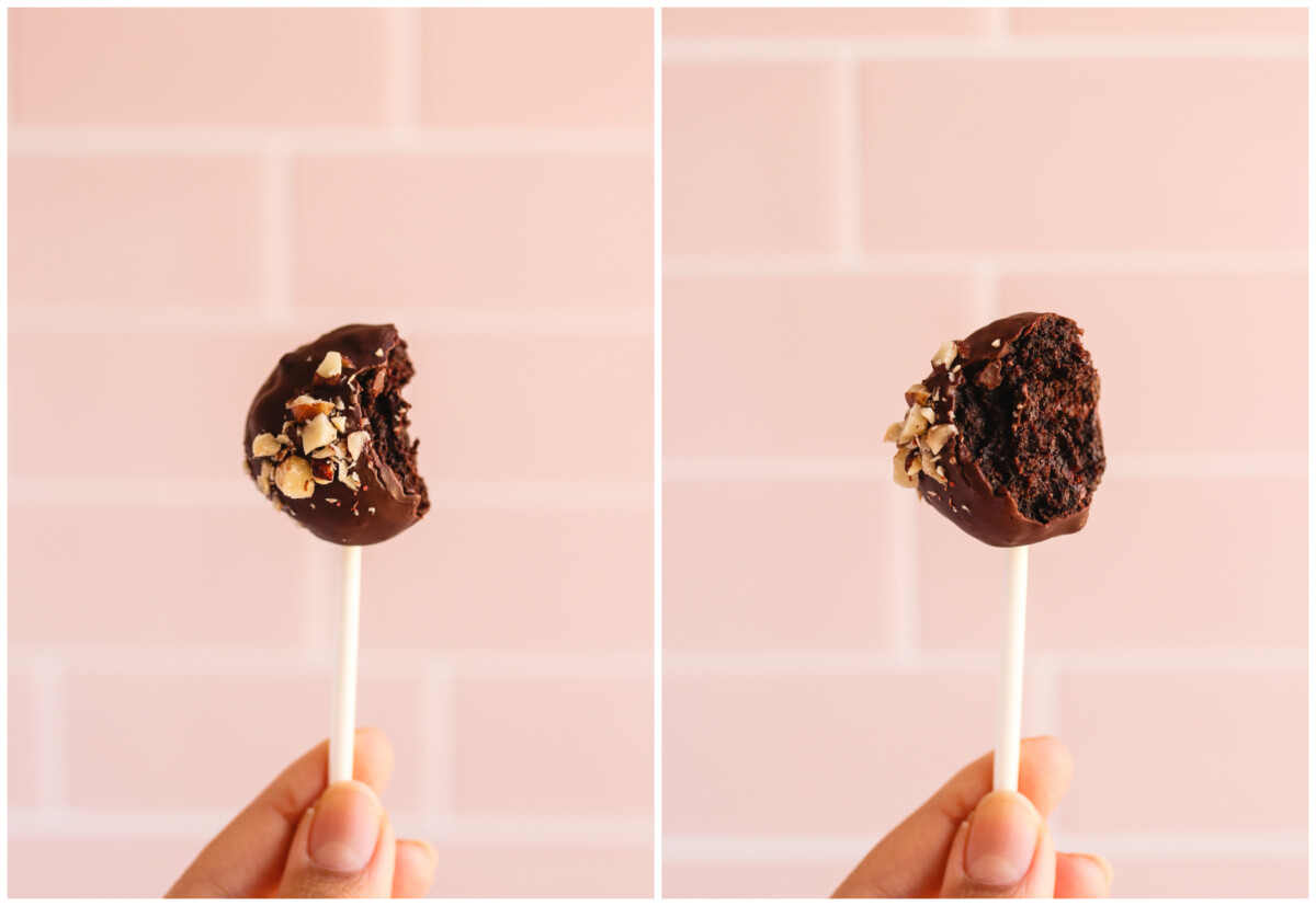 two side by side photos of vegan cake pops with a bit taken out
