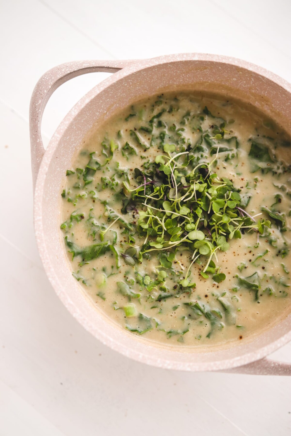 a pink soup pot filled with creamy kale soup