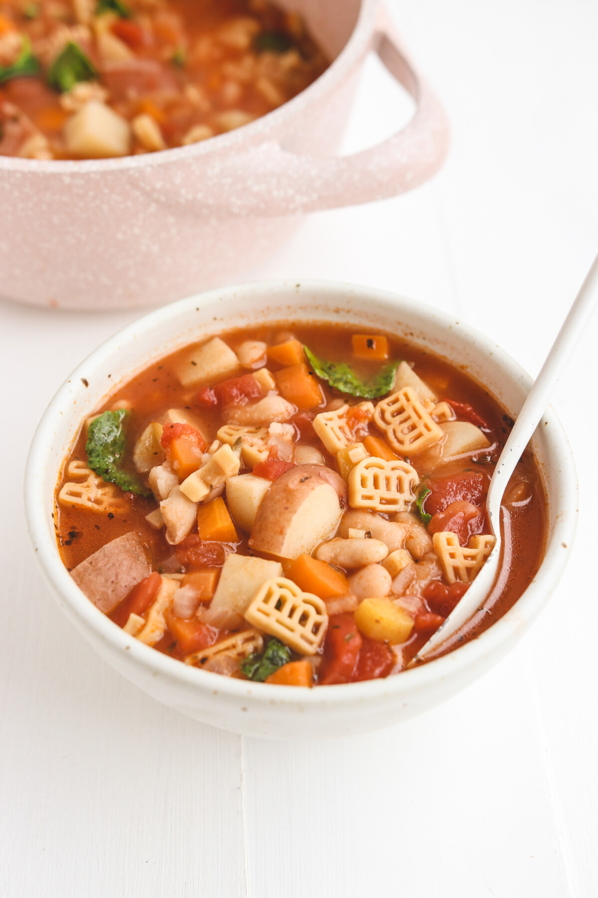 two bowls of minestrone soup with potatoes, beans, pasta, and more