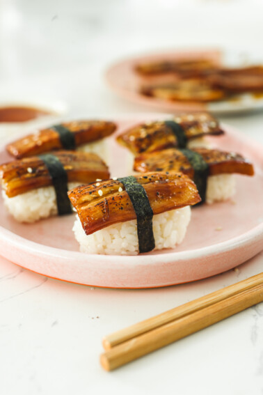 vegan sushi pieces wrapped in nori