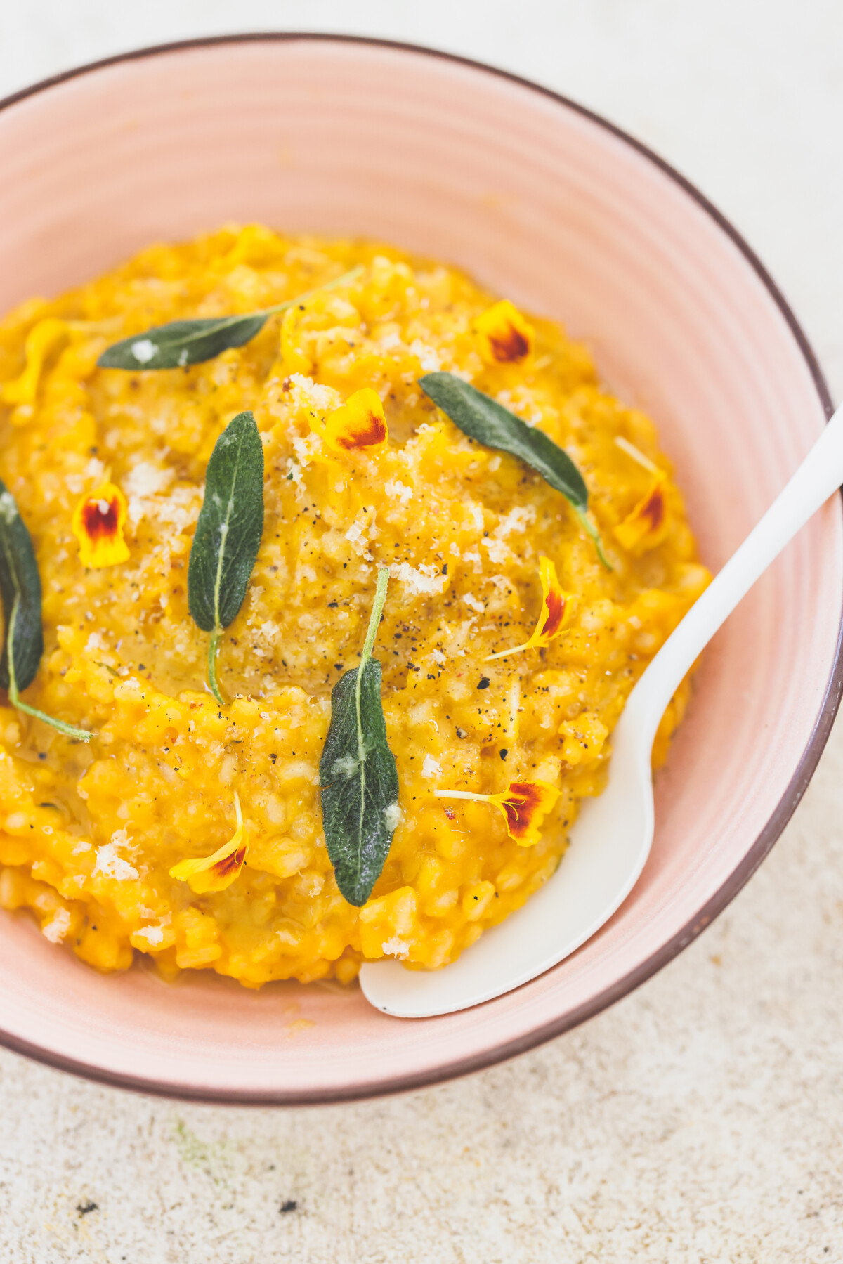 a close up photo of butternut squash risotto in a pink bowl topped with fresh sage