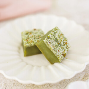two squares of cake topped with pistachio and coconut on a white plate.