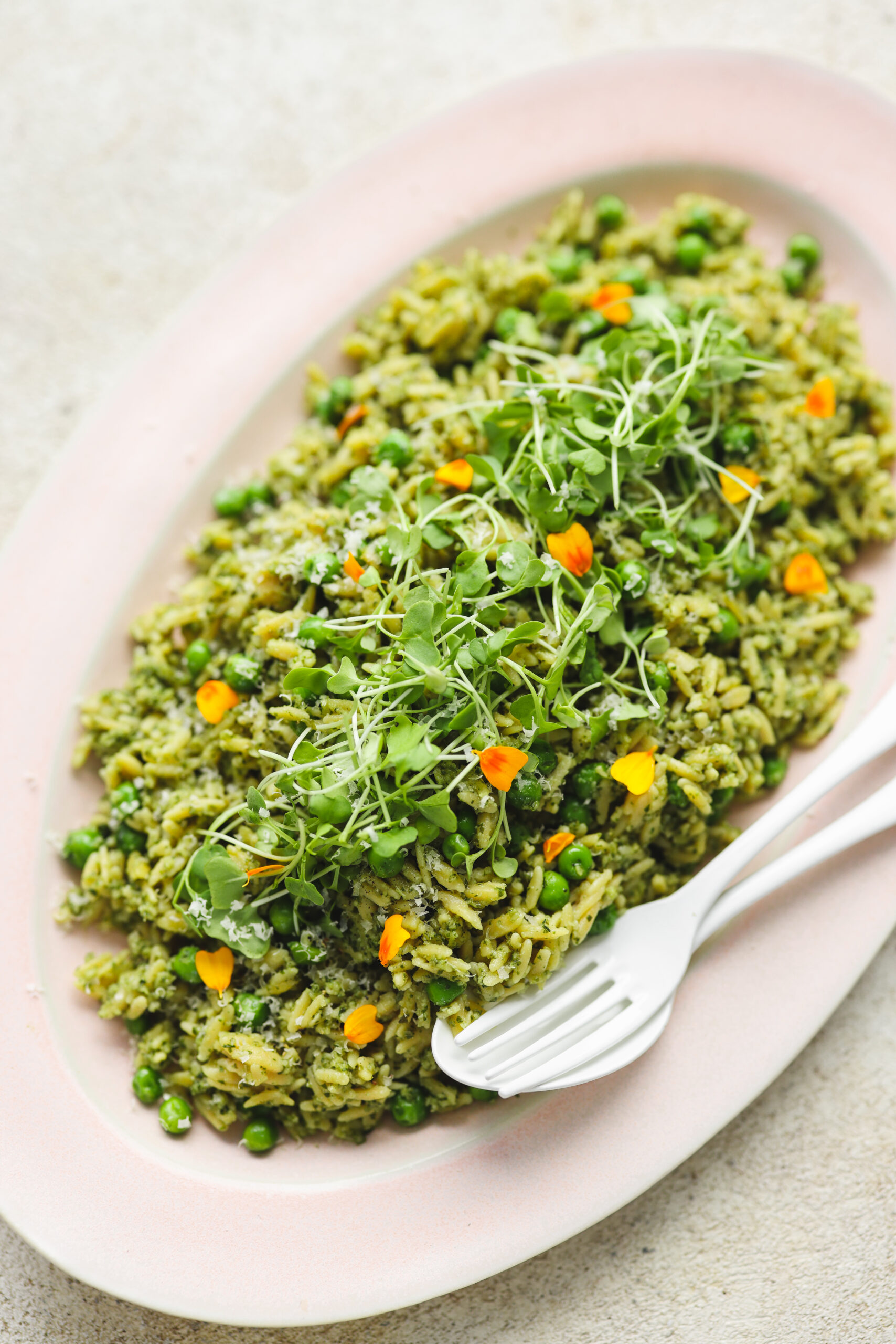 close up on pumpkin seed pesto with orzo