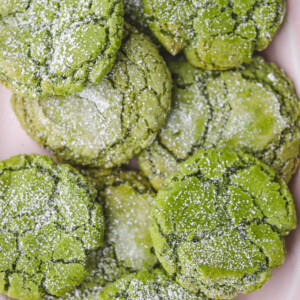 Closeup of matcha crinkle cookies
